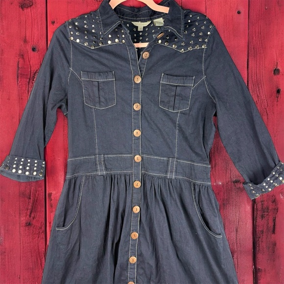 Stetson Denim Button Up Shirt Dress Studded Western Stitching Large Dark Wash 90 - Picture 3 of 10